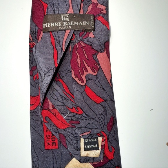 Vintage Pierre Balmain Paris Silk 57” Art Deco Floral Red Pink Purple Print Tie - Picture 6 of 9